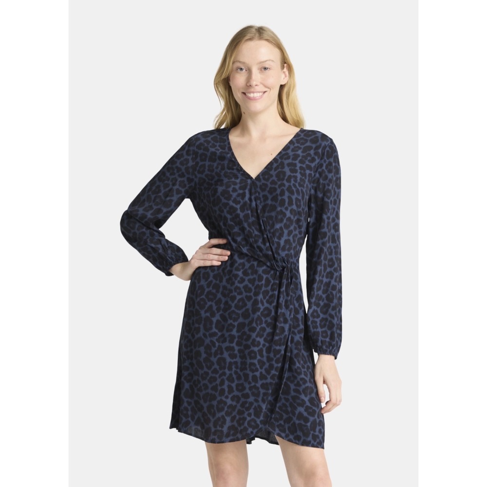 Time and Tru Wrap Dress Leopard Print Navy Blue Faux‎ Wrap Long Sleeve XL 16-18